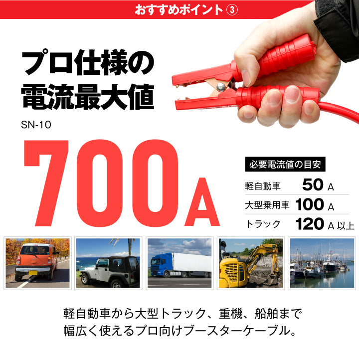 ブースターケーブル 極太 10.0m 700A/直径15mm(SN-10) 12V/24V車対応