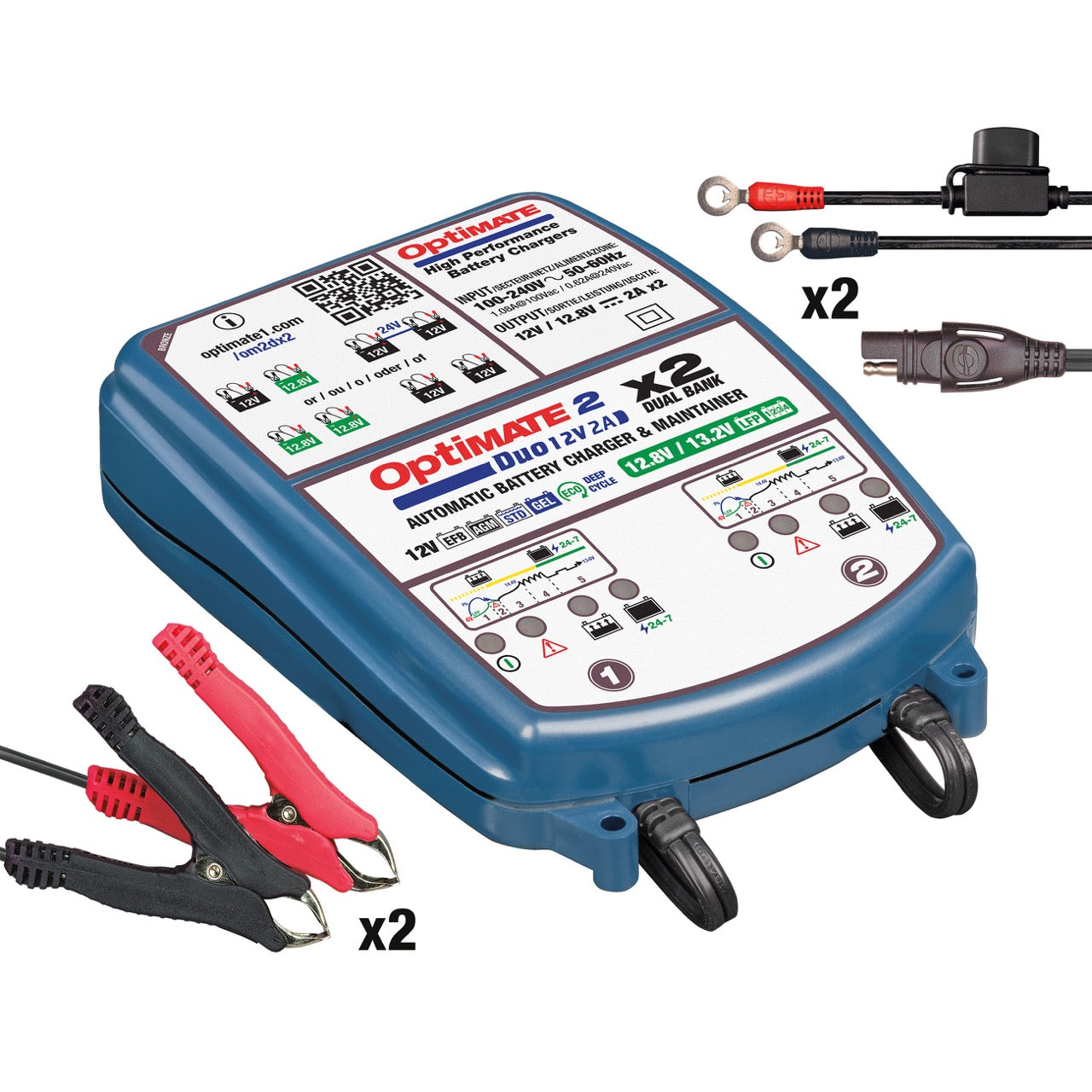 TecMATE TM-567 OptiMATE 2 Duo 2バンク リン酸鉄リチウム兼12V鉛バッテリー充電器 12V/12.8V 2A出力 テックメイト オプティメイト