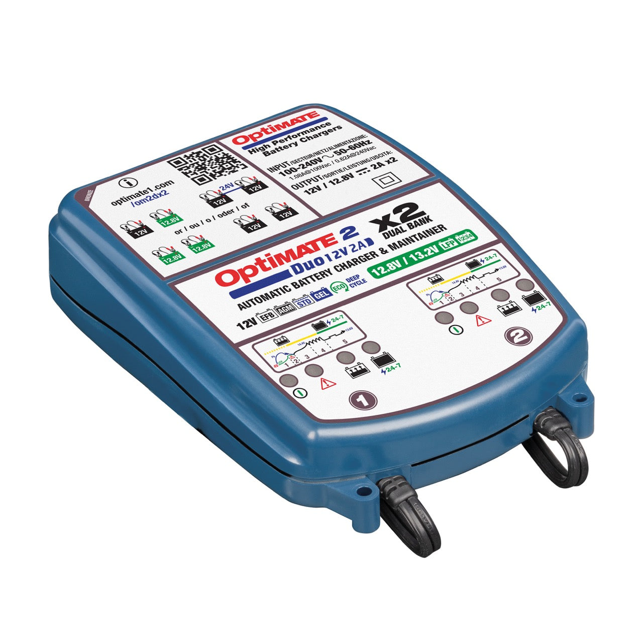TecMATE TM-567 OptiMATE 2 Duo 2バンク リン酸鉄リチウム兼12V鉛バッテリー充電器 12V/12.8V 2A出力 テックメイト オプティメイト