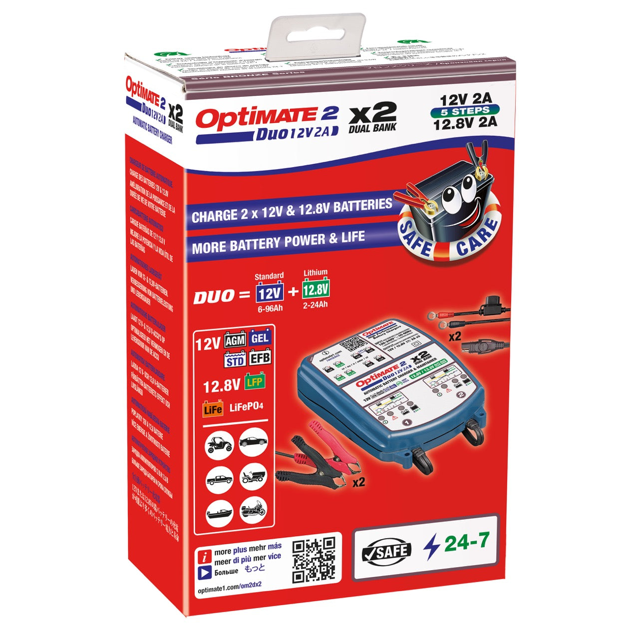 TecMATE TM-567 OptiMATE 2 Duo 2バンク リン酸鉄リチウム兼12V鉛バッテリー充電器 12V/12.8V 2A出力 テックメイト オプティメイト