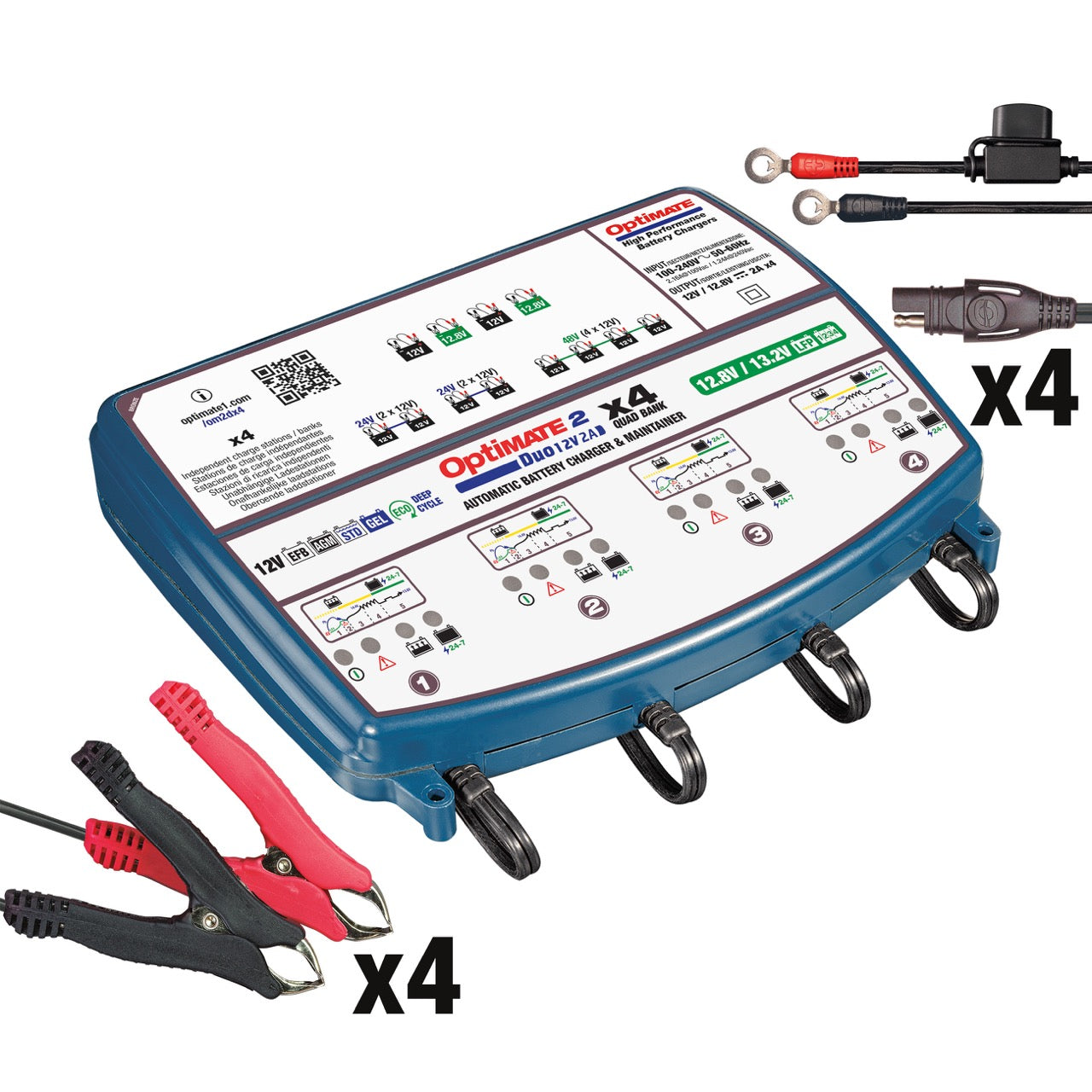 TecMATE TM-577 OptiMATE 2 Duo 4バンク リン酸鉄リチウム兼12V鉛バッテリー充電器 12V/12.8V 2A出力 テックメイト オプティメイト