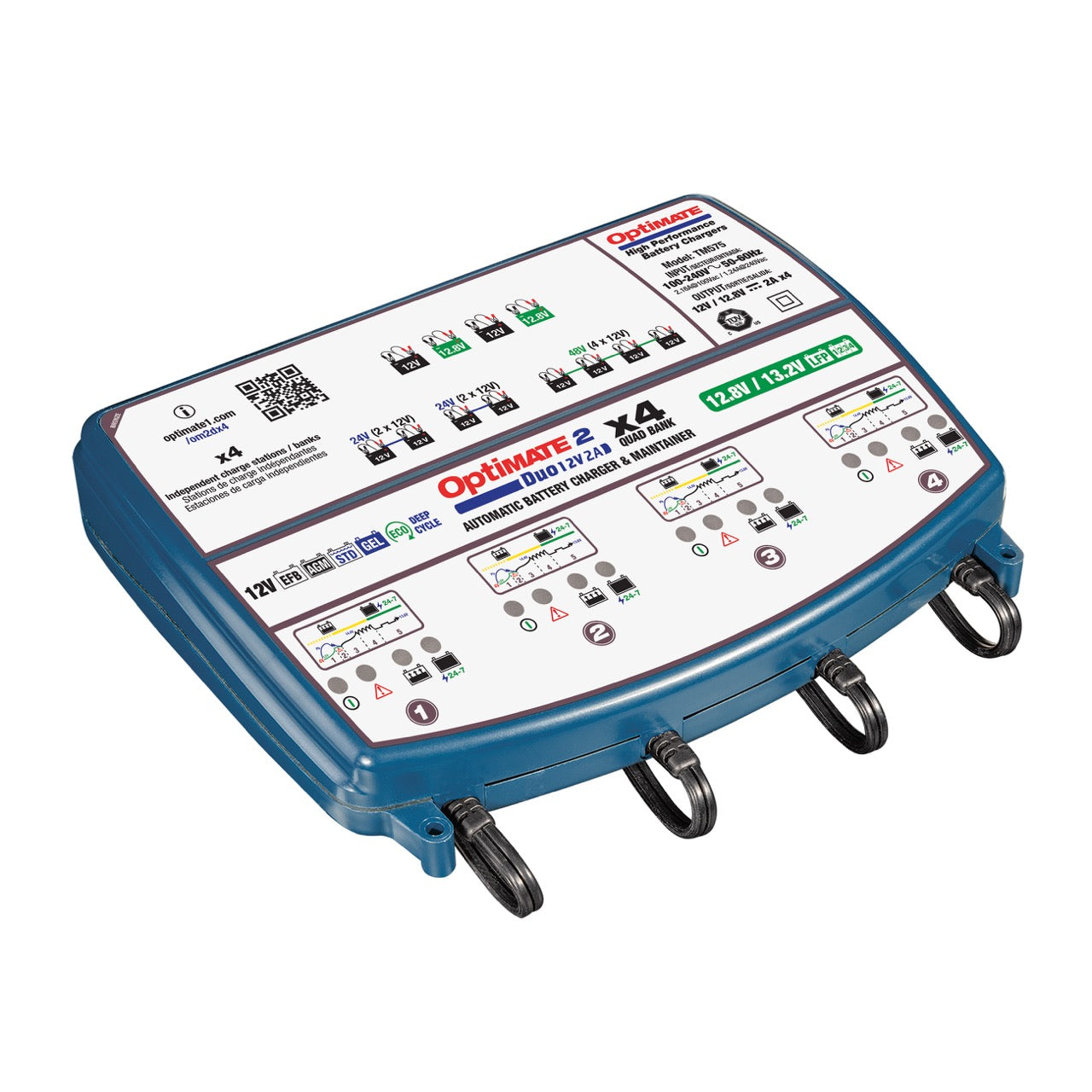 TecMATE TM-577 OptiMATE 2 Duo 4バンク リン酸鉄リチウム兼12V鉛バッテリー充電器 12V/12.8V 2A出力 テックメイト オプティメイト