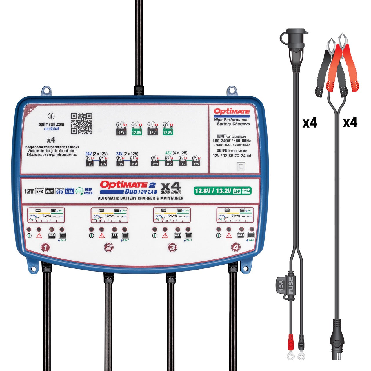 TecMATE TM-577 OptiMATE 2 Duo 4バンク リン酸鉄リチウム兼12V鉛バッテリー充電器 12V/12.8V 2A出力 テックメイト オプティメイト