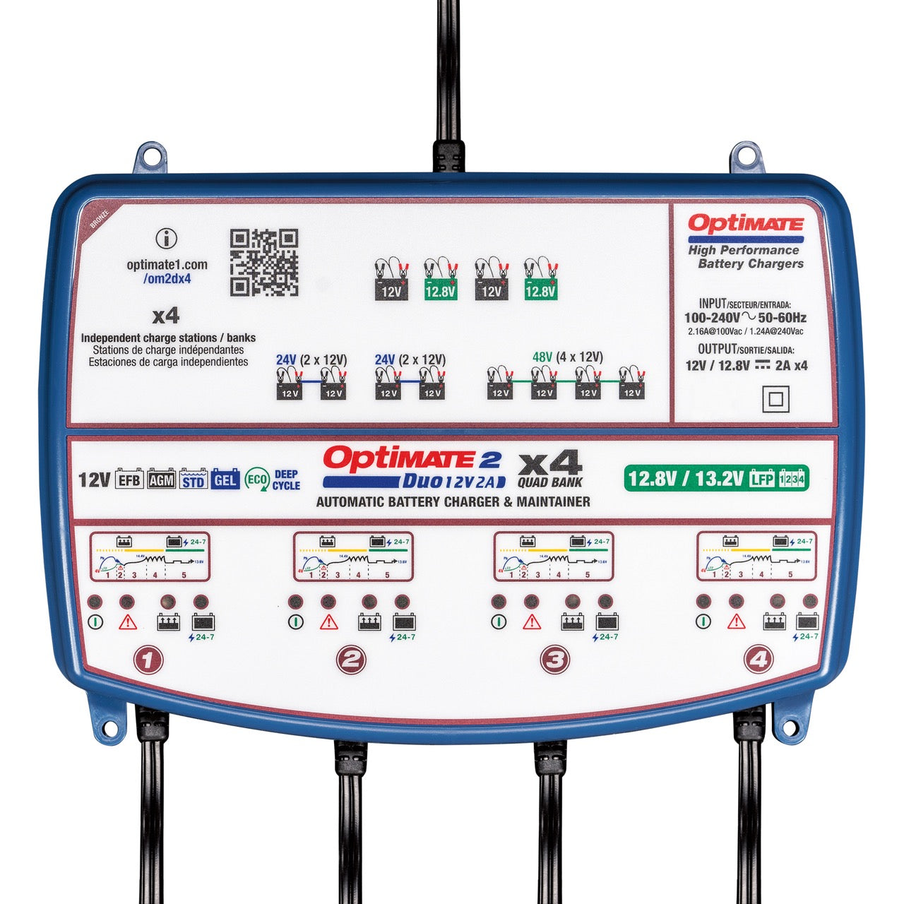 TecMATE TM-577 OptiMATE 2 Duo 4バンク リン酸鉄リチウム兼12V鉛バッテリー充電器 12V/12.8V 2A出力 テックメイト オプティメイト