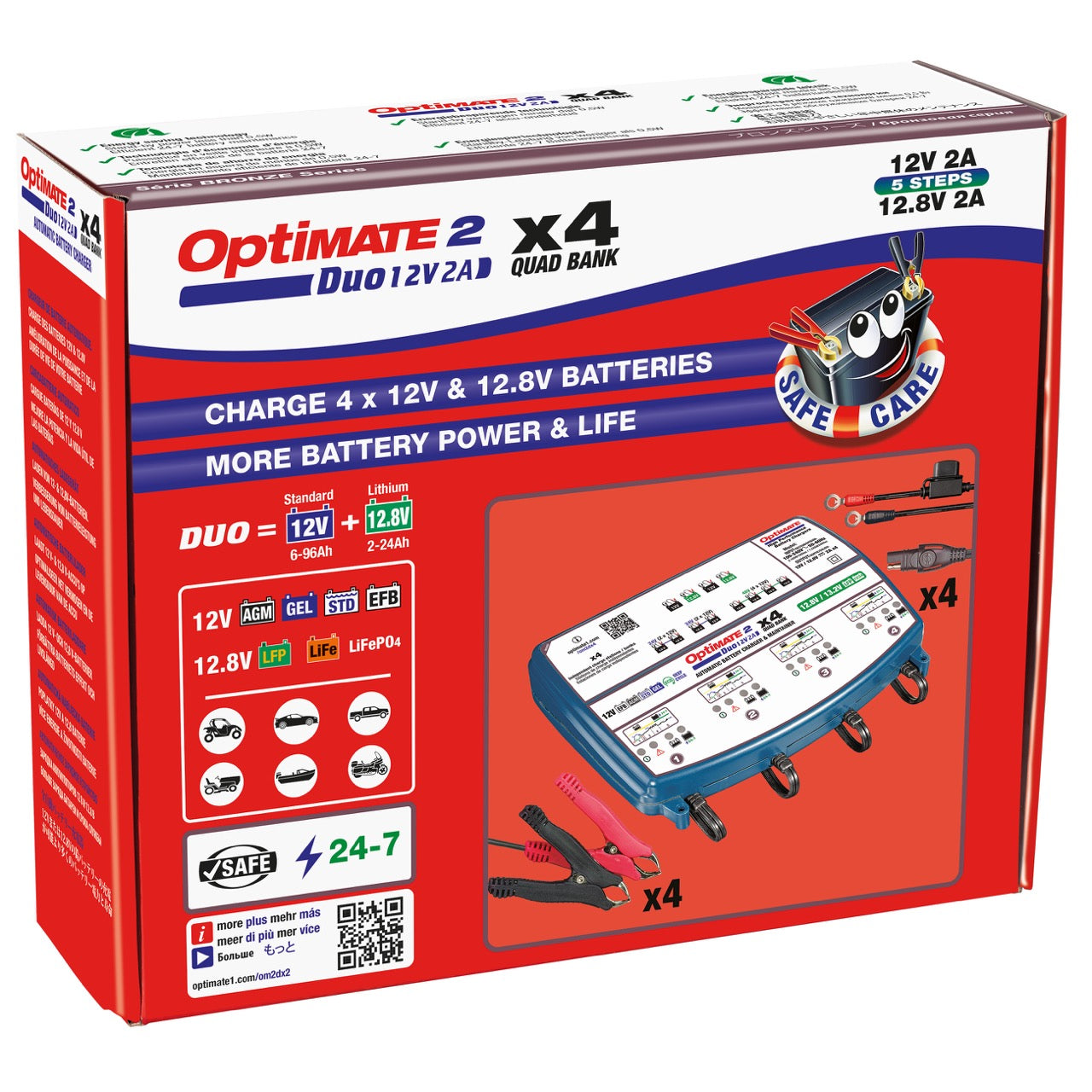 TecMATE TM-577 OptiMATE 2 Duo 4バンク リン酸鉄リチウム兼12V鉛バッテリー充電器 12V/12.8V 2A出力 テックメイト オプティメイト
