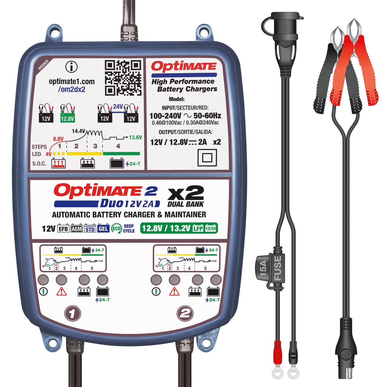 TecMATE TM-567 OptiMATE 2 Duo 2バンク リン酸鉄リチウム兼12V鉛バッテリー充電器 12V/12.8V 2A出力 テックメイト オプティメイト