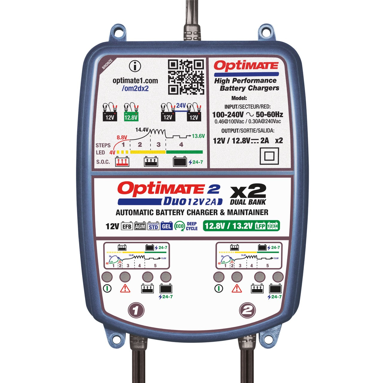 TecMATE TM-567 OptiMATE 2 Duo 2バンク リン酸鉄リチウム兼12V鉛バッテリー充電器 12V/12.8V 2A出力 テックメイト オプティメイト